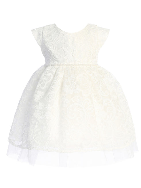 Baby Girls Off White Pearl Trim Floral Lace Tulle Flower Girl Dress 6-24 Months - SophiasStyle.com